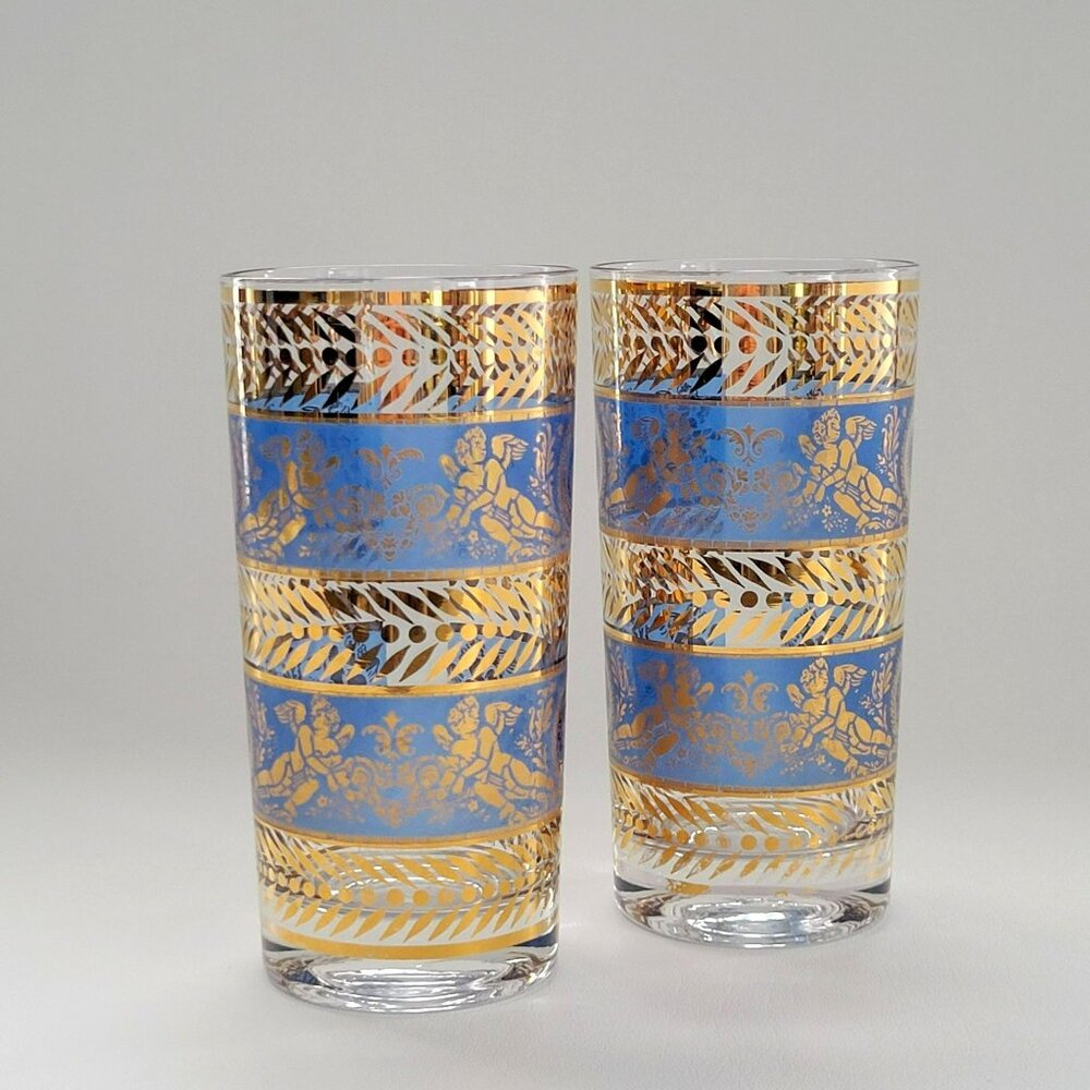 Vintage Mid Century Modern Highball Glass Tumbler Set of 2, Blue & Gold Cherub